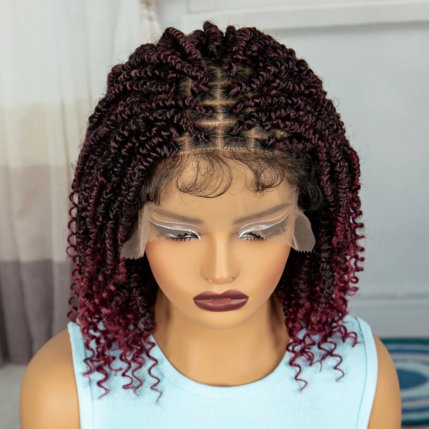 Short Knotless Box Braids Bob Wig with Curly Ends | Handmade Lace Front