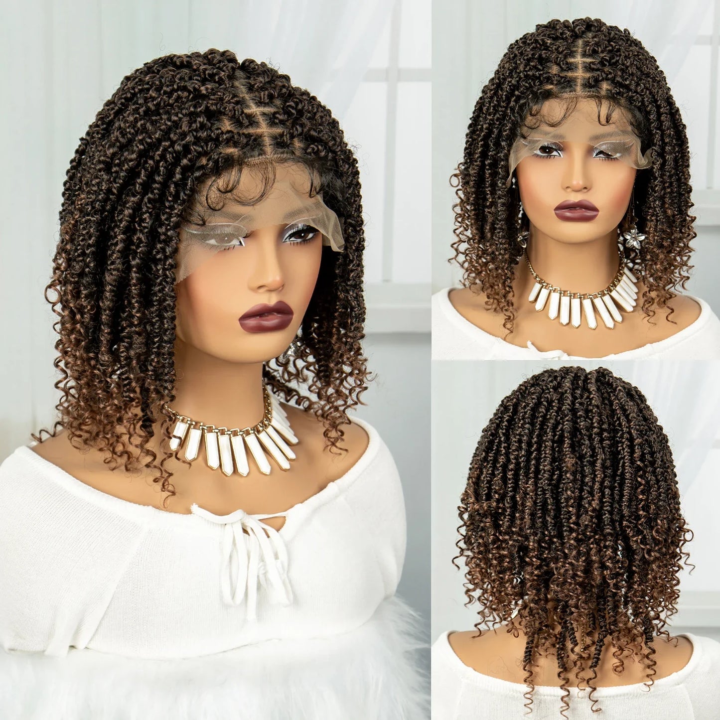 Burgundy Knotless Box Braids Bob Wig with Curly Ends | Lace Front