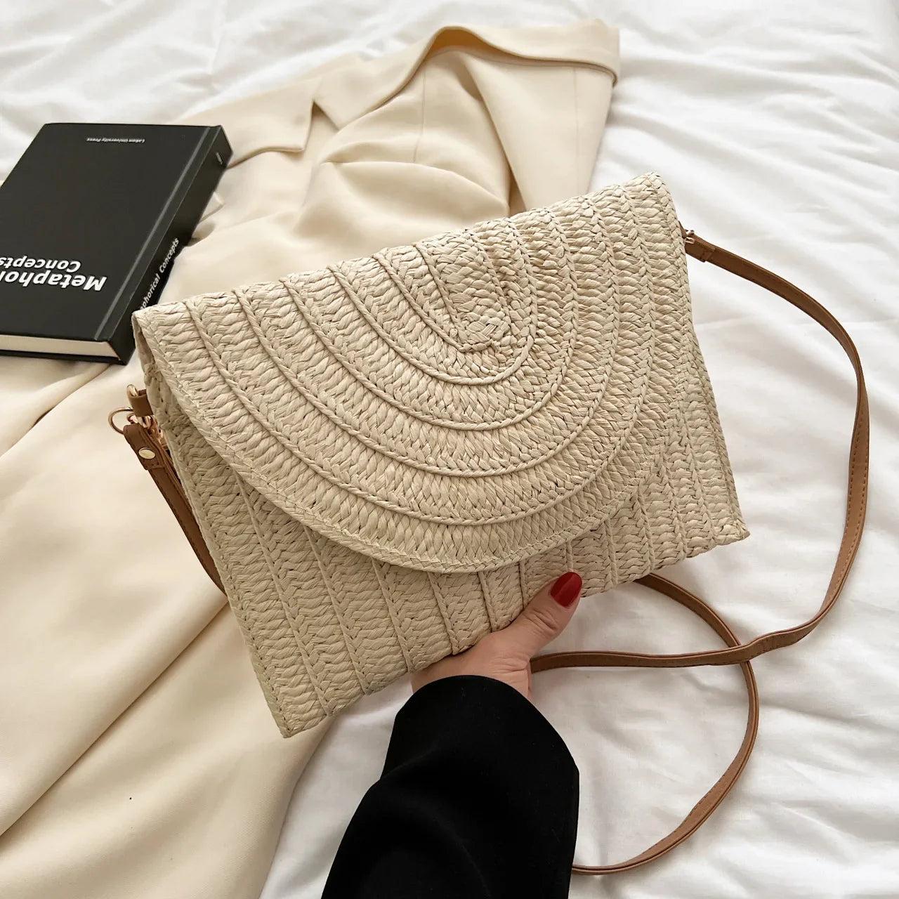 Summer Travel Beach Bag Straw Woven Clutch Bag | Fashion Designer Crossbody Shoulder Bag for Women (Handbag Ladies Wrist Wicker Bag)