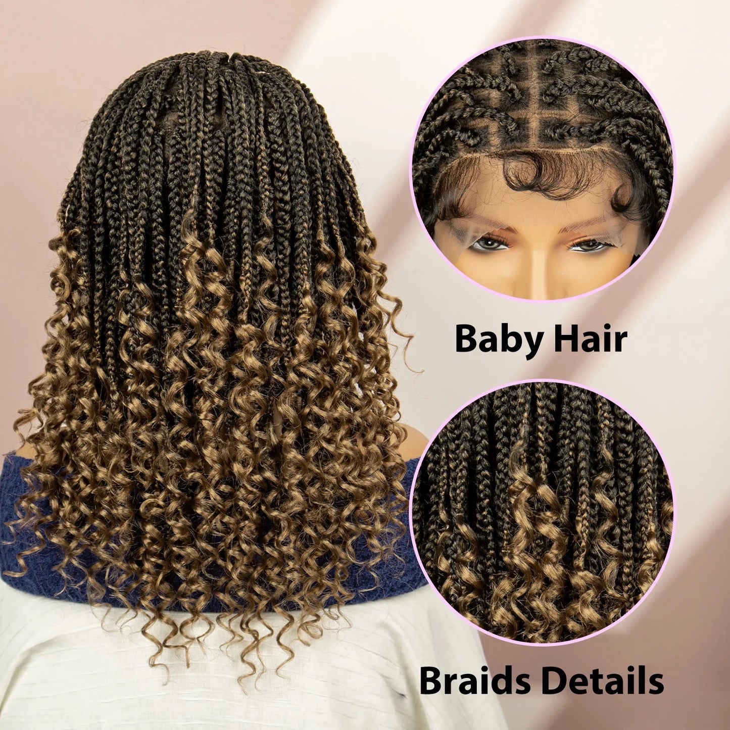 16" Short Brown Box Braided Full Lace Wig | Curly Ends | African Braids | Black Women