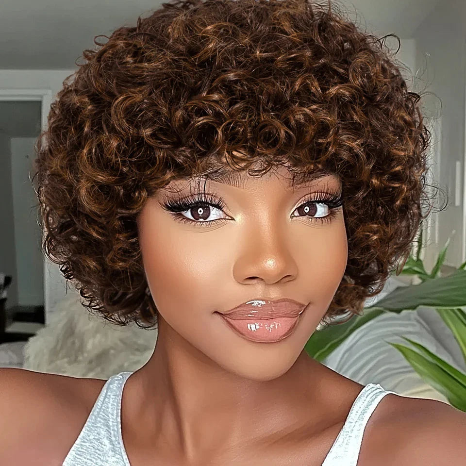 Brazilian Short Pixie Bob Afro Kinky Curly Wig with Bangs | Full Machine Made Human Hair (Natural Brown & 99J)