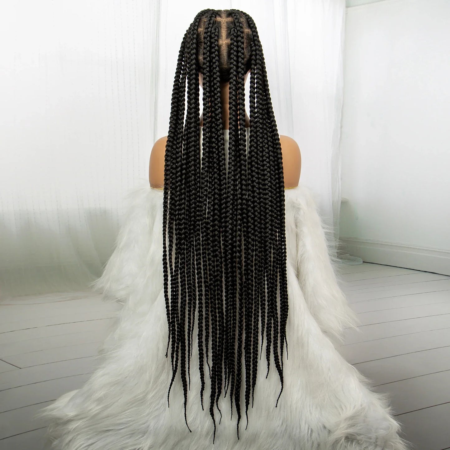 34" Knotless Box Braids Full Lace Wig | Transparent Lace | Long Black Synthetic Braids | Black Women