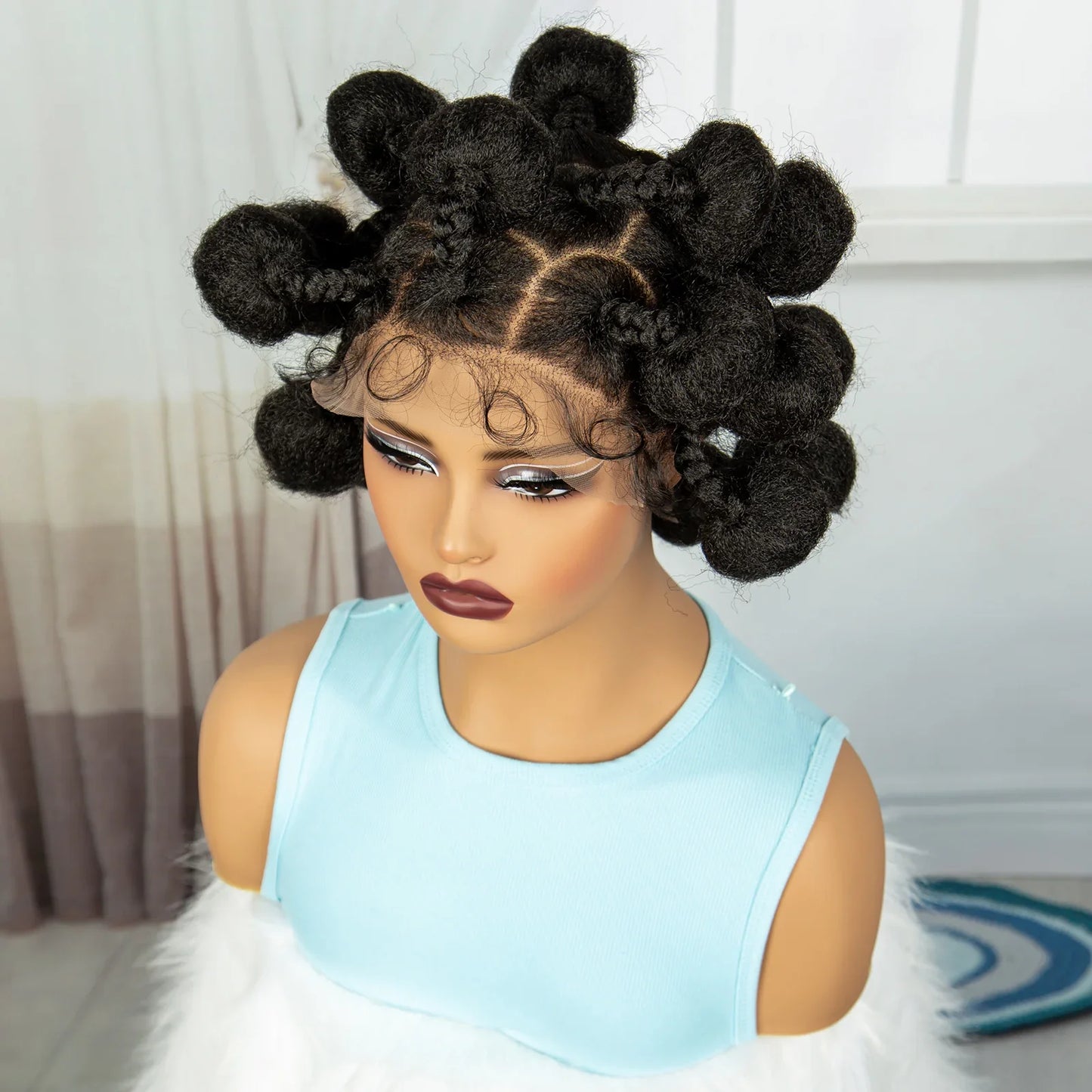 Short Cute Handmade Bantu Knotless Braids Wig | Transparent Full Lace Frontal