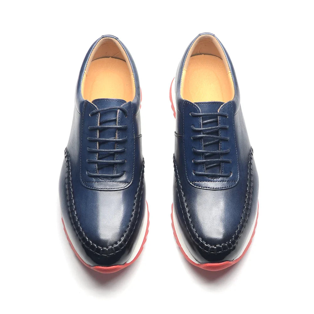 Classy Men's Genuine Leather Low Top Sneakers | Red Bottom Lace-Up Casual Dress Shoes (Breathable)