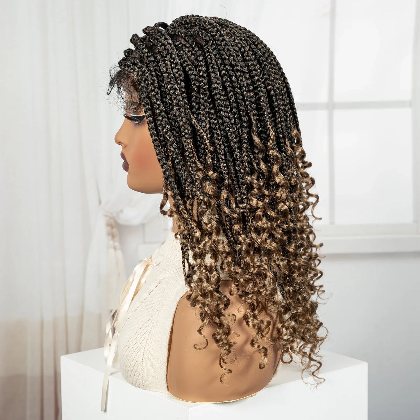 Short Ombre Boho Knotless Braids Bob Wig with Curly Ends | Full Lace