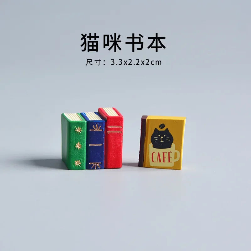ZAKKA Miniatures Study Bookcase Home Decor Cute Cartoon Cat Retro Desk Gramophone Ornament Crafts Dollhouse Accessories Toy Gift