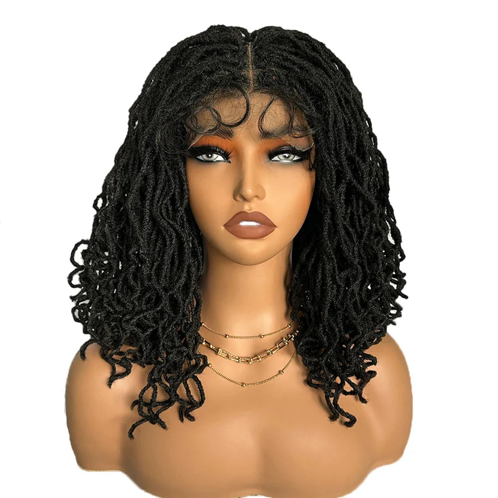 14" Copper Red Faux Locs Lace Front Wig | Short Twist Dreadlocks | Synthetic Braided Wig