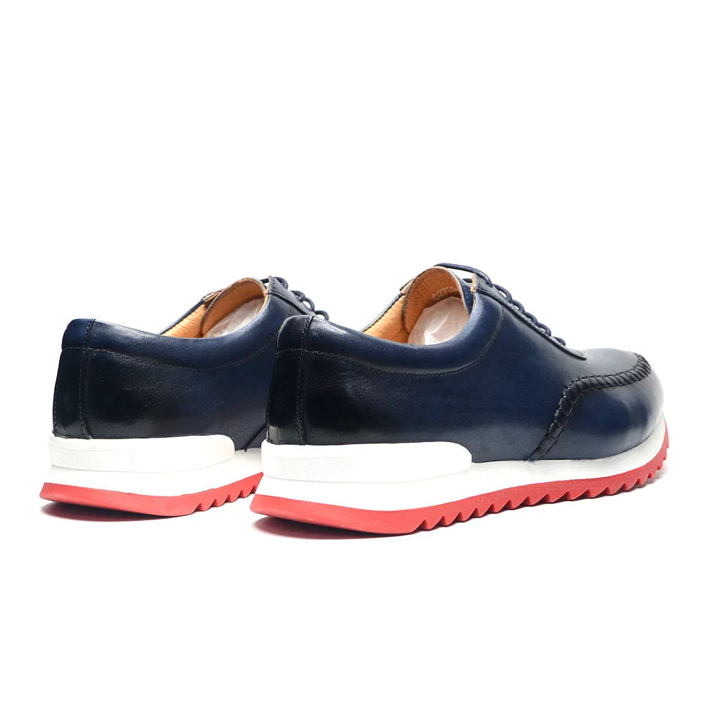 Classy Men's Genuine Leather Low Top Sneakers | Red Bottom Lace-Up Casual Dress Shoes (Breathable)