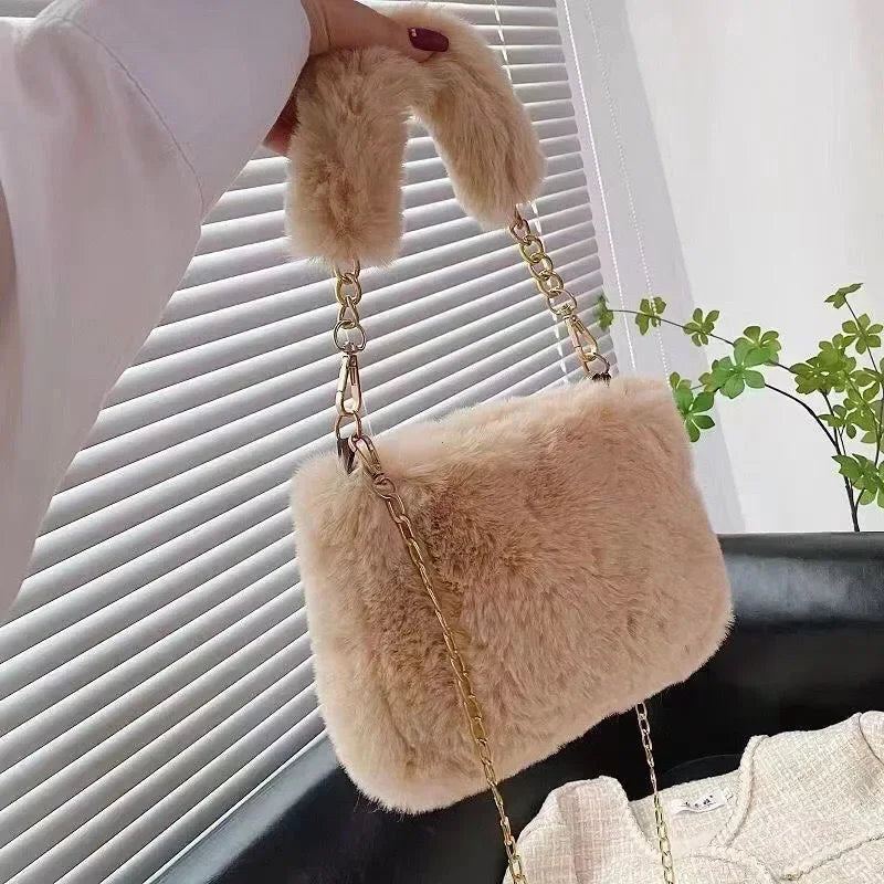 Fashion Women's Fluffy Shoulder Bag | Female Winter Chain Underarm Bag & Soft Plush Handle Handbag (Solid Color)