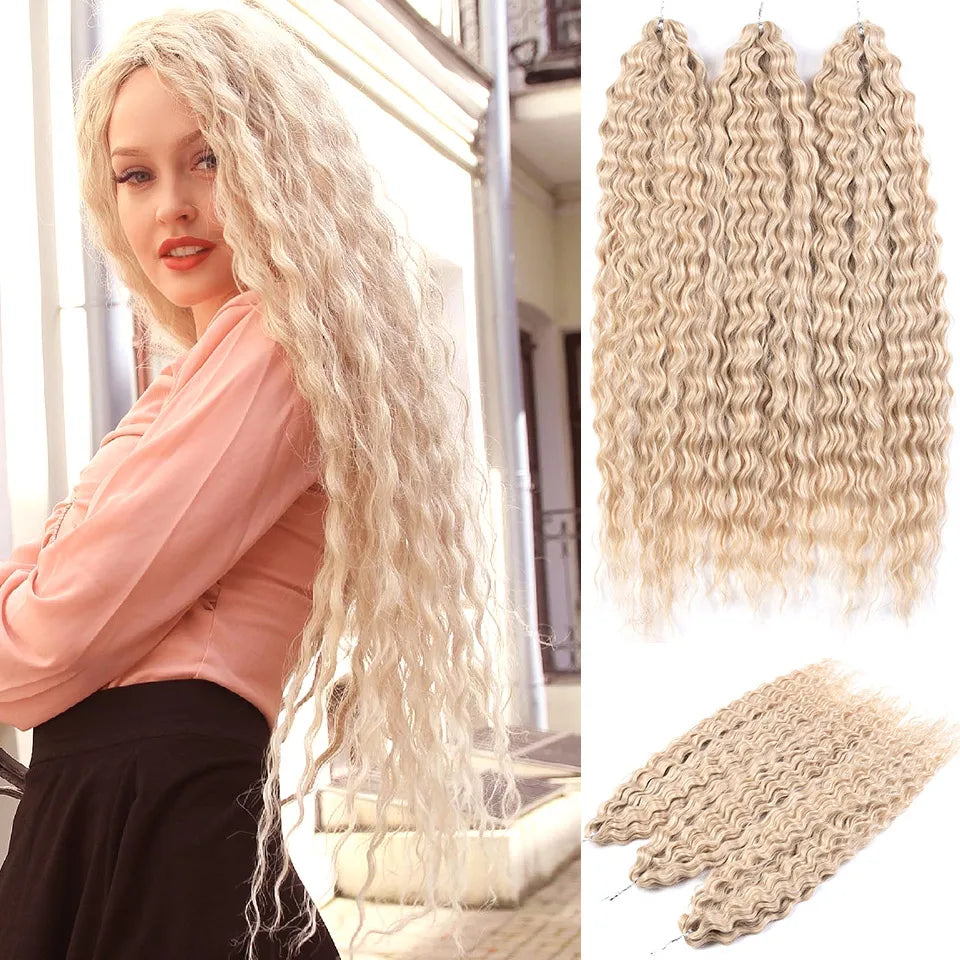 24" Water Wave Crochet Hair | Ombre Blonde Brown | Curly Twist Braids | Synthetic Braiding Hair Extensions | 60 Strands