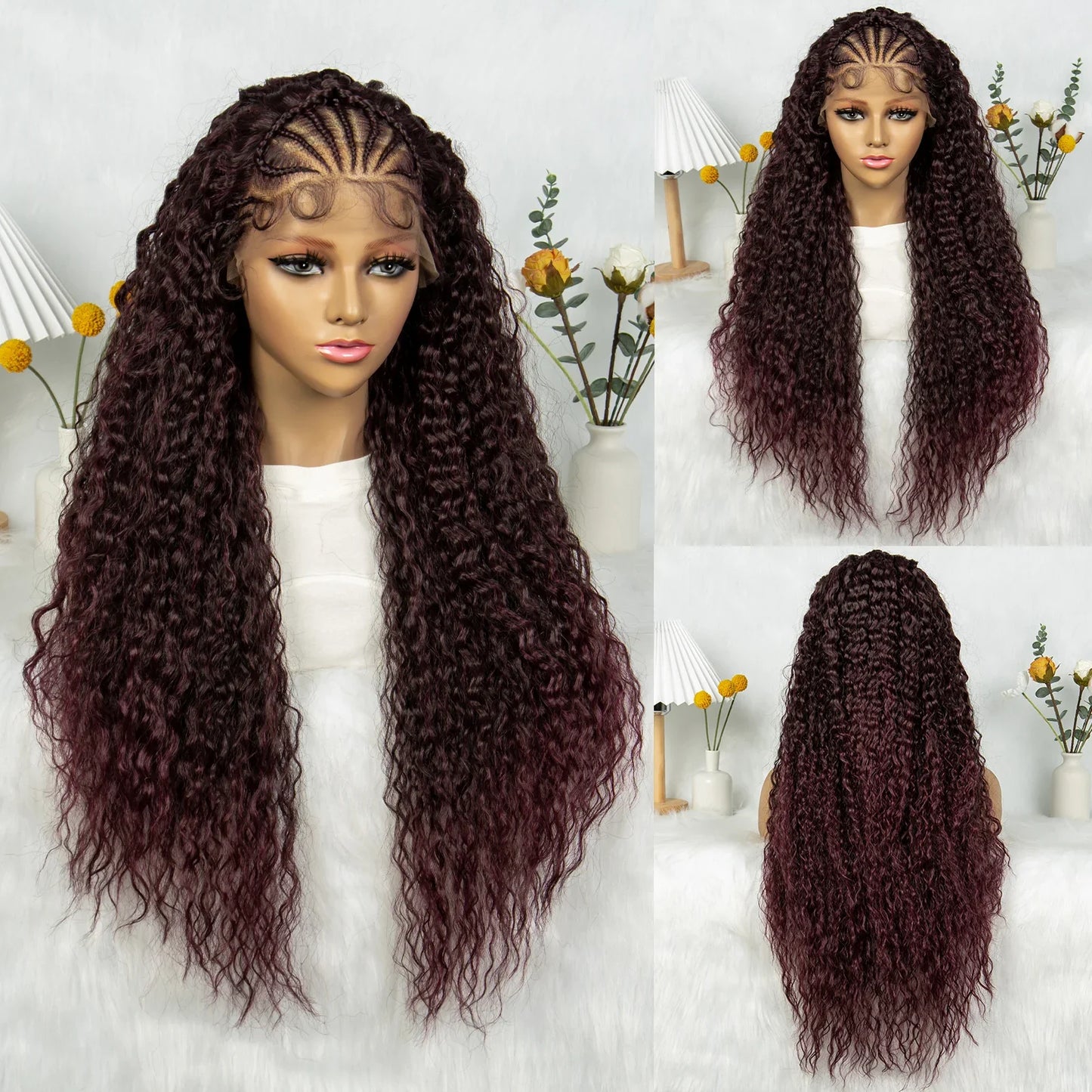 Burgundy Wavy Braided Lace Front Wig | Synthetic Braids | Black Women