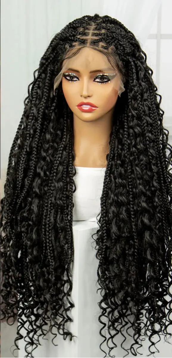 Burgundy Boho Knotless Braids Wig | Curly Ends | Lace Front | Baby Hair