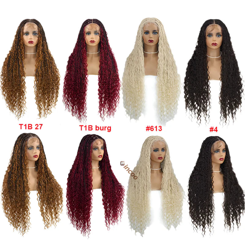 Burgundy Boho Box Braids Wig | Curly Goddess Locs | Full Lace Front | Synthetic Hair | Women