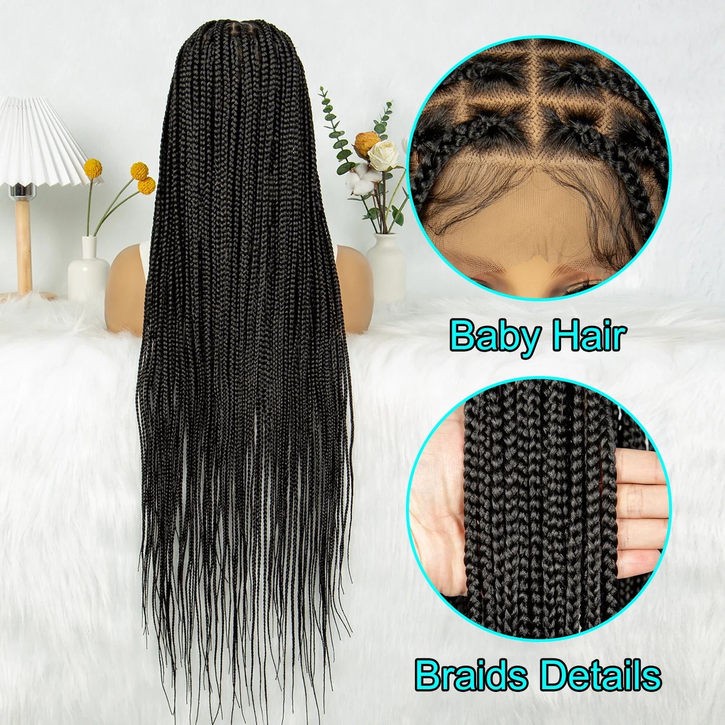 KIMA 34" Straight Box Braids Wig | Transparent Full Lace & Cornrow Detail