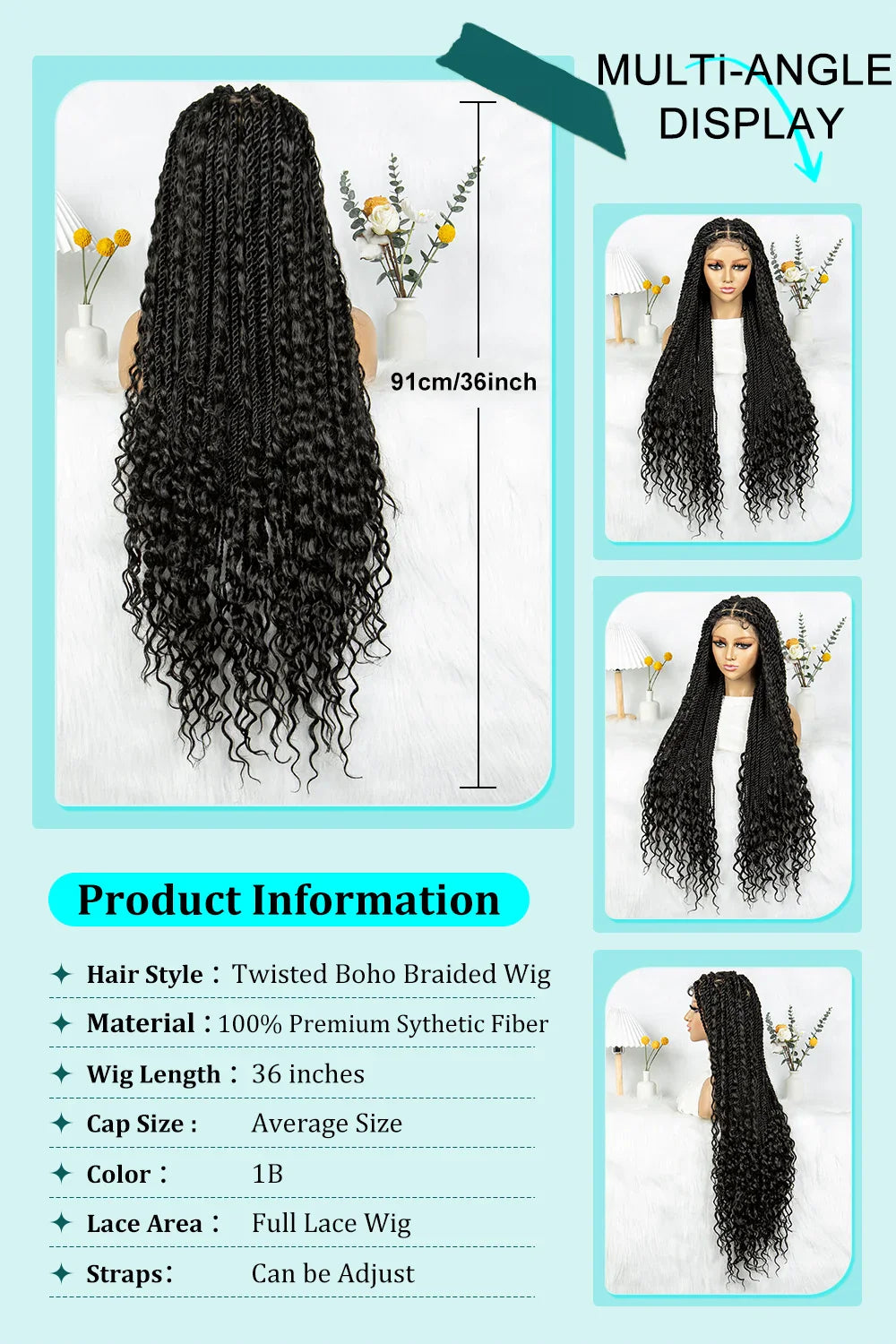 Braided Wigs Knotless Synthetic Box Braided Wigs Full Lace Curly Dreadlocks Wigs Long Length Hair Wig for Black Women