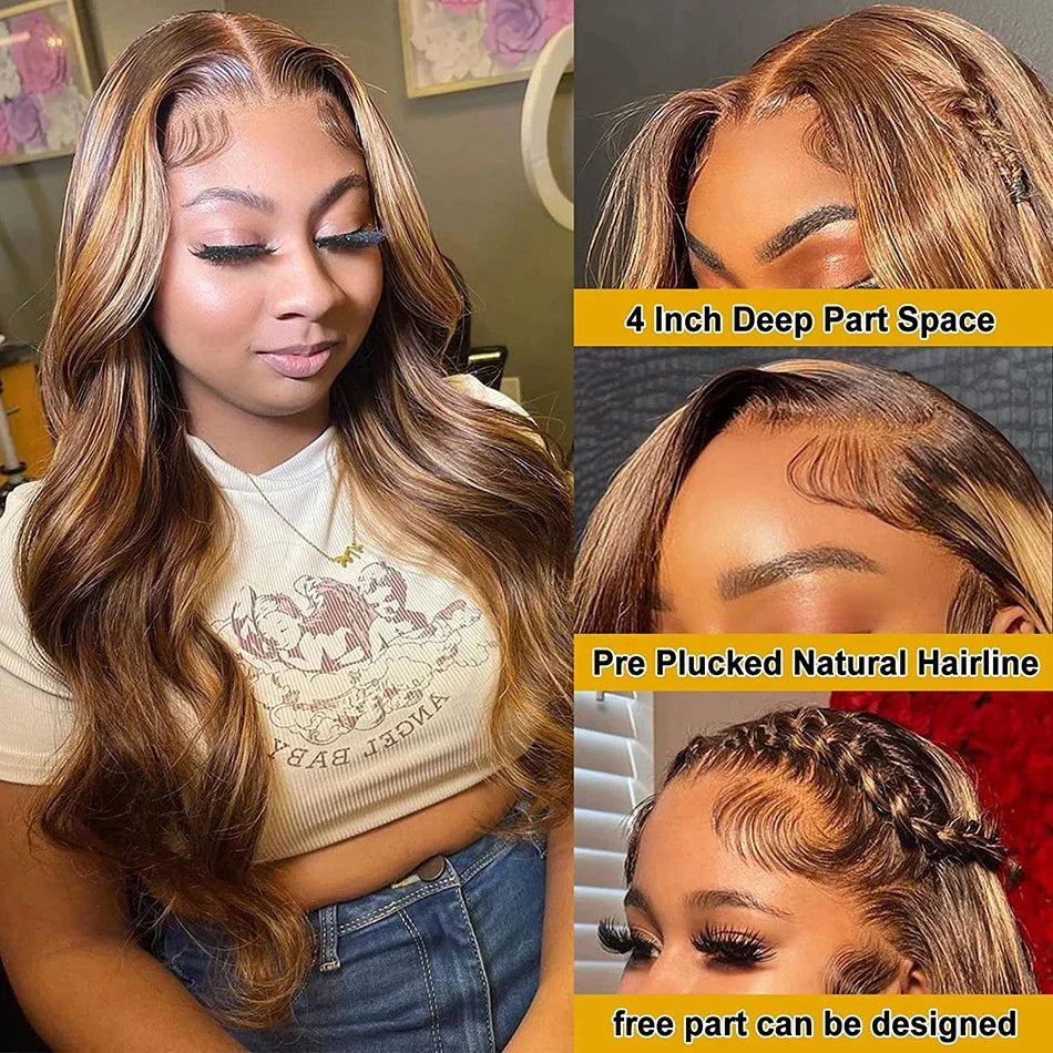 13x6 HD Transparent Body Wave Lace Front Wig | Highlighted Blonde 4/27 | Brazilian Remy Hair | Pre Plucked | Long Length
