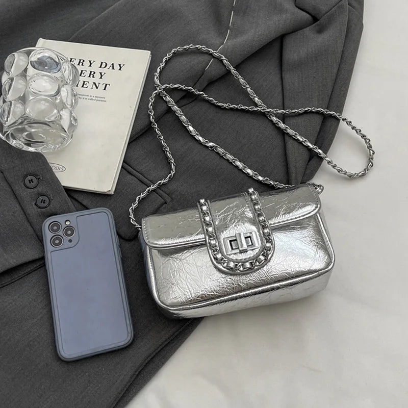 Silvery Luxury Handbags & Purse for Women | PU Leather Flip Messenger Shoulder Bag (Female Chain Crossbody Bag)