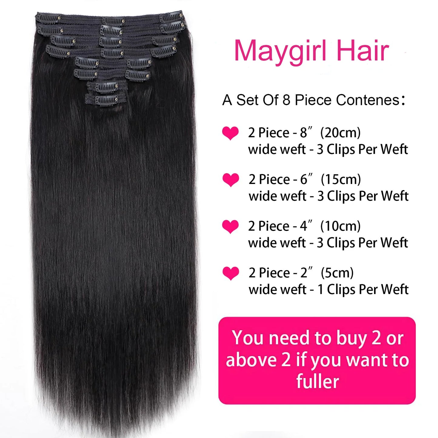 Clip in Hair Extensions Straight with 18 Clips 120G Double Weft Virgin 100% Human Hair Natural Black Color For Women