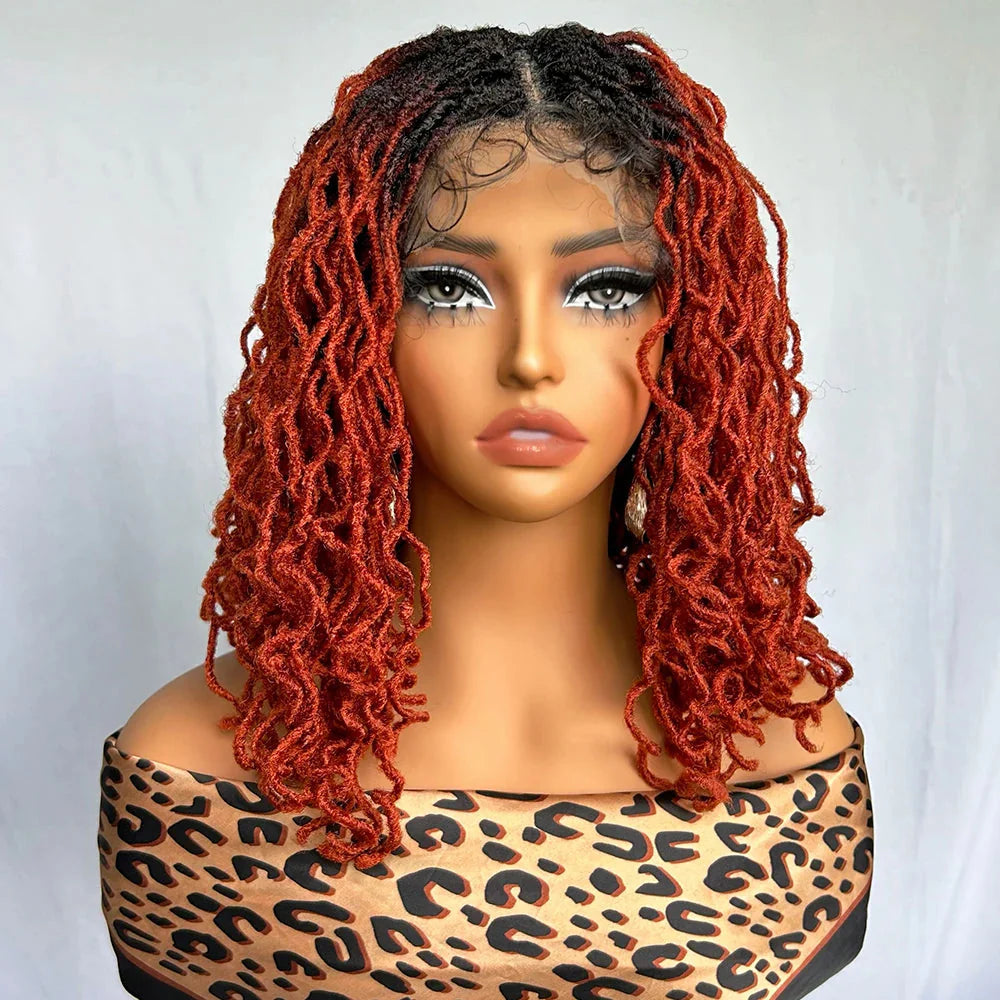 14" Copper Red Faux Locs Lace Front Wig | Short Twist Dreadlocks | Synthetic Braided Wig