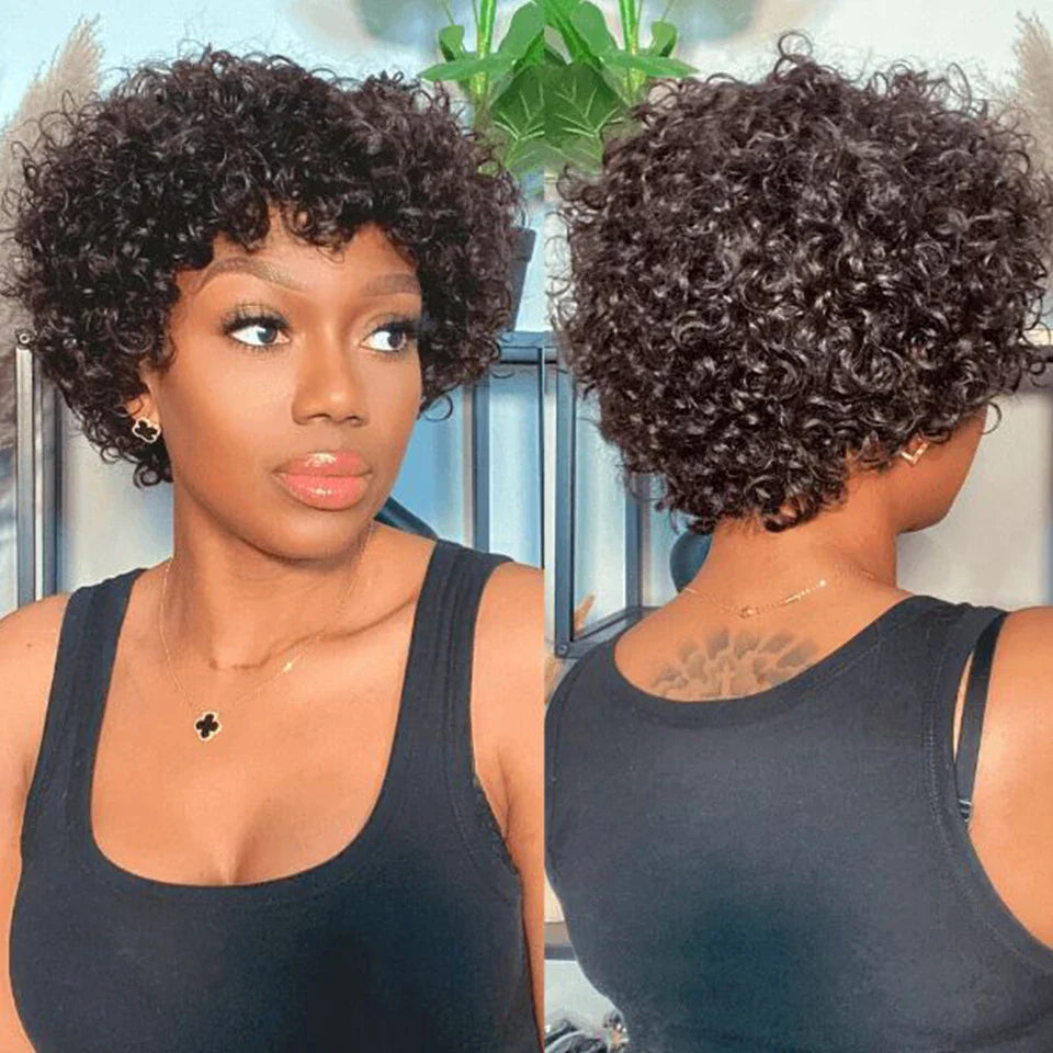Natural Brown 99J Afro Kinky Curly Pixie Bob Wig | Full Machine Made Human Hair with Bangs