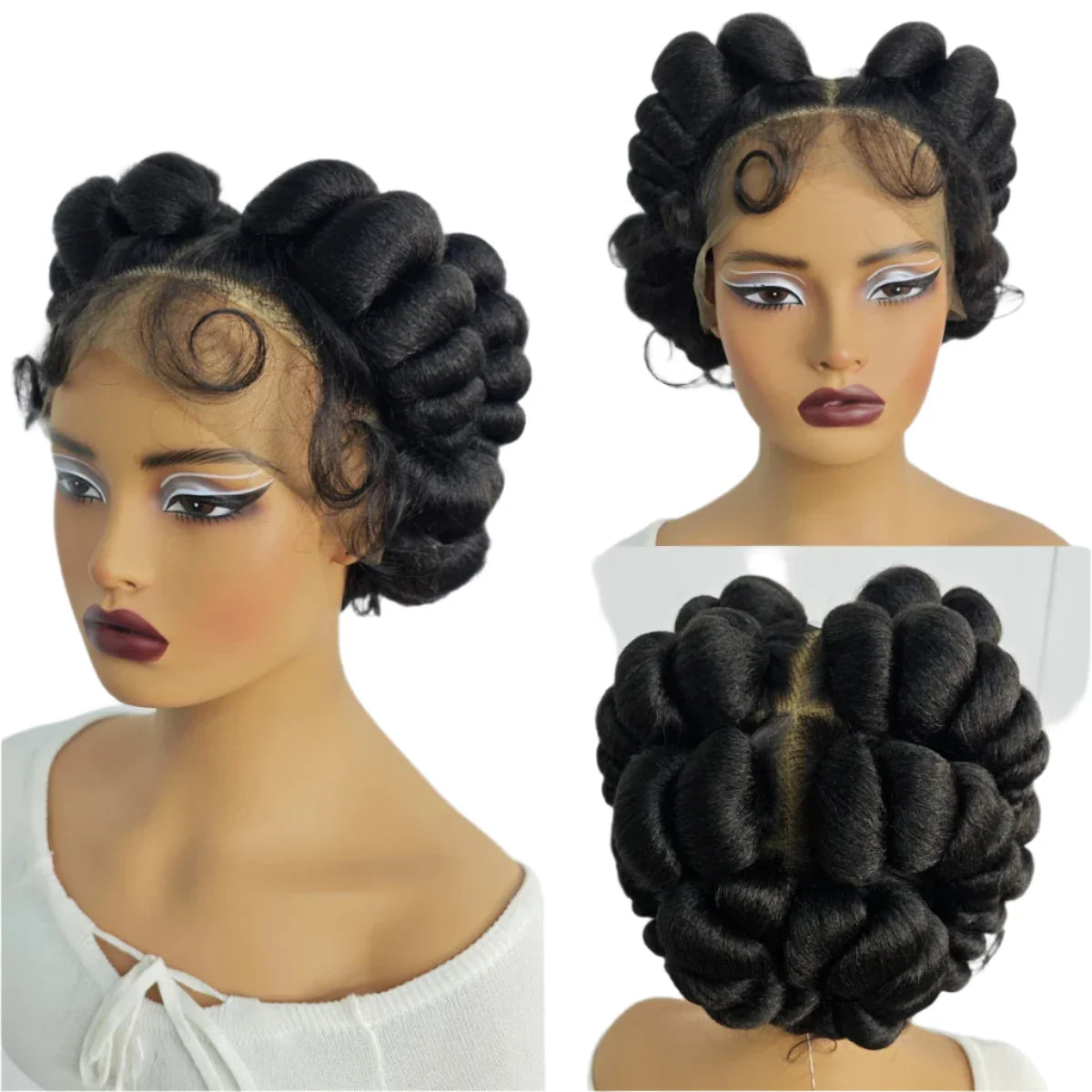 Short Cute Burgundy Bantu Knotless Braids Wig | Full Lace Handmade