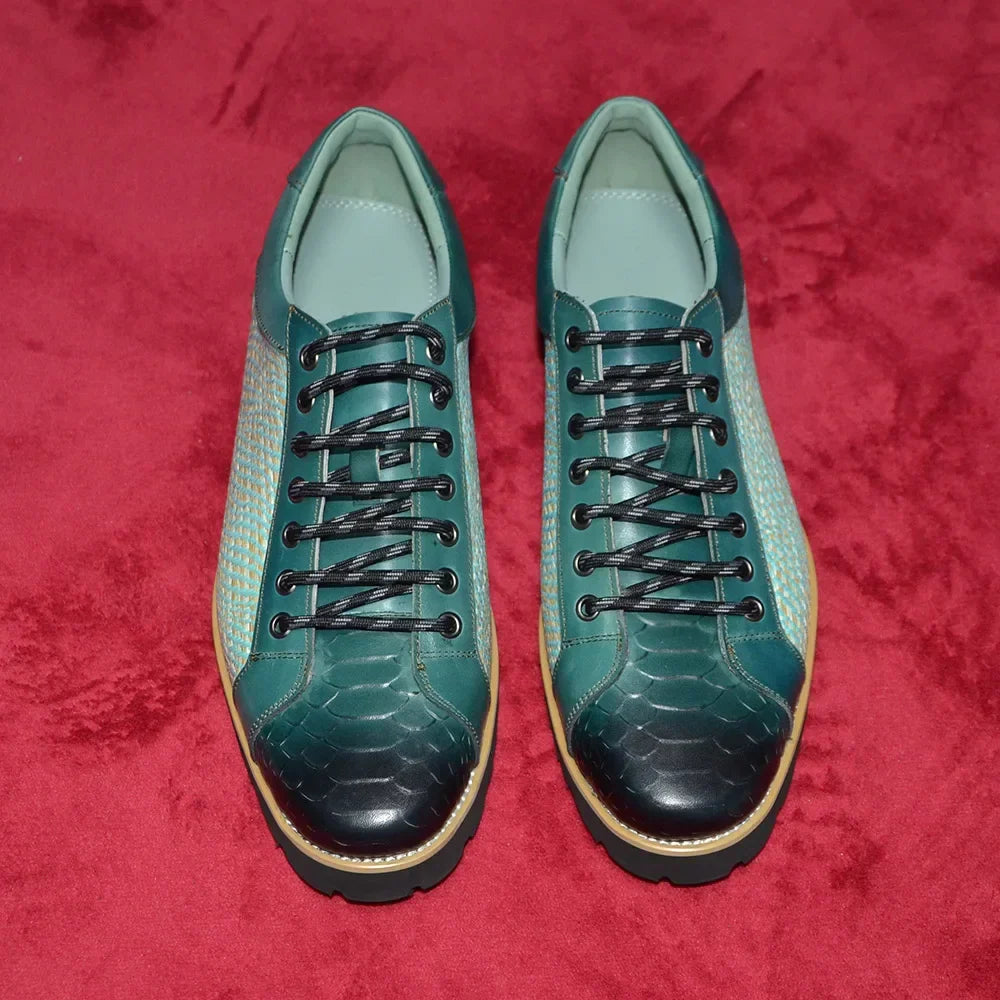 British Style Designer Men's Genuine Leather Derby Shoes | Duotone Hand-Painted Plaid Casual Sneakers (Height Increasing)