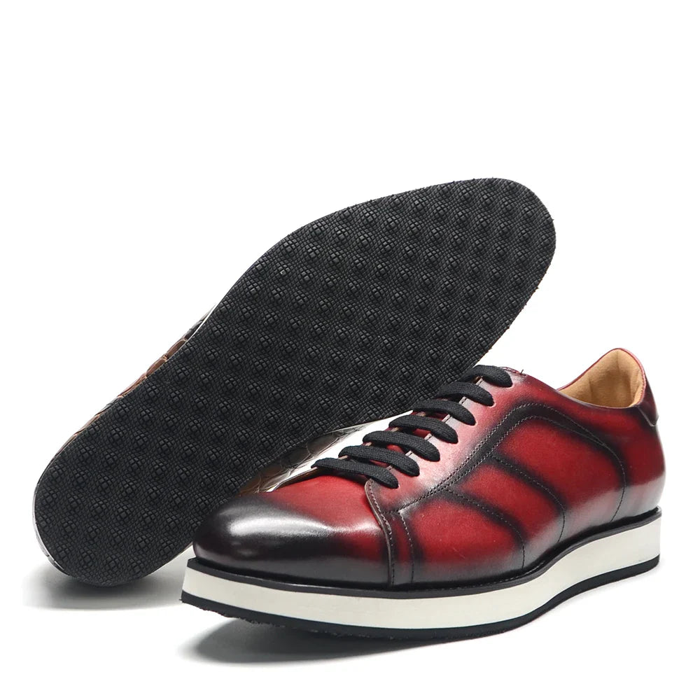 Men's Casual Dress Sneakers | Genuine Leather Hand-Painted Derby Skateboard Shoes (Black, Red)