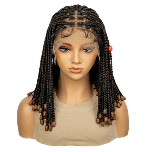 14" Short Bob Box Braided Wig with Beads | Knotless Braids | Synthetic Lace Front Wig | Baby Hair