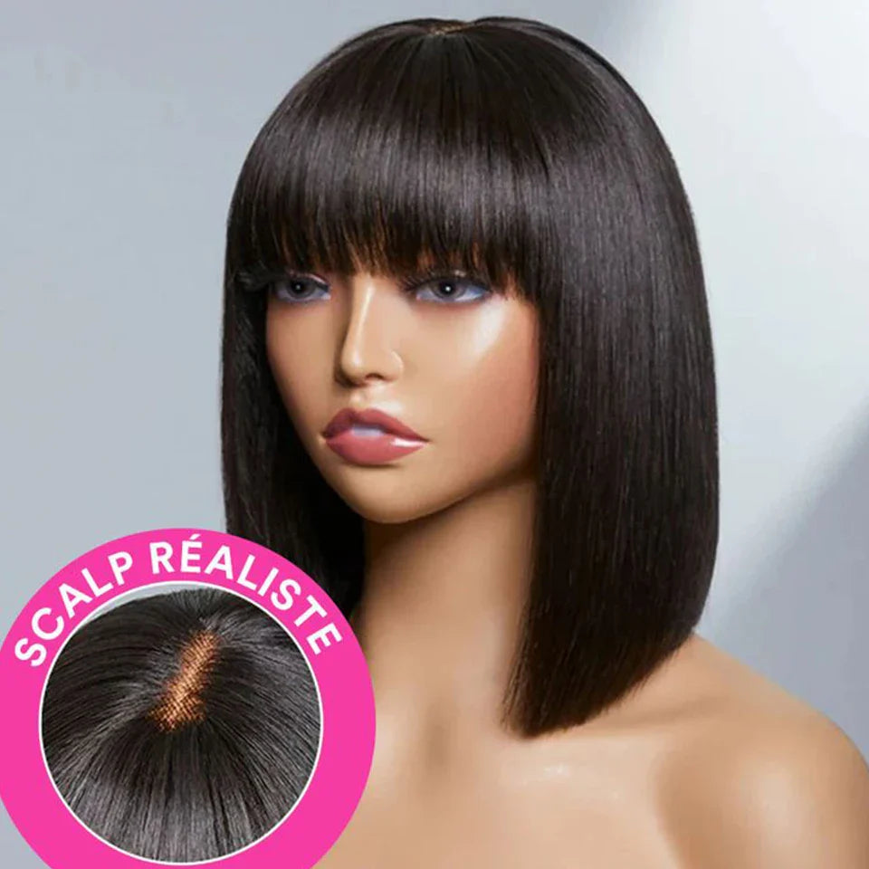 Mongolian Straight Bob Wig with Bangs | Glueless Middle Part Lace Human Hair (Realistic Scalp)