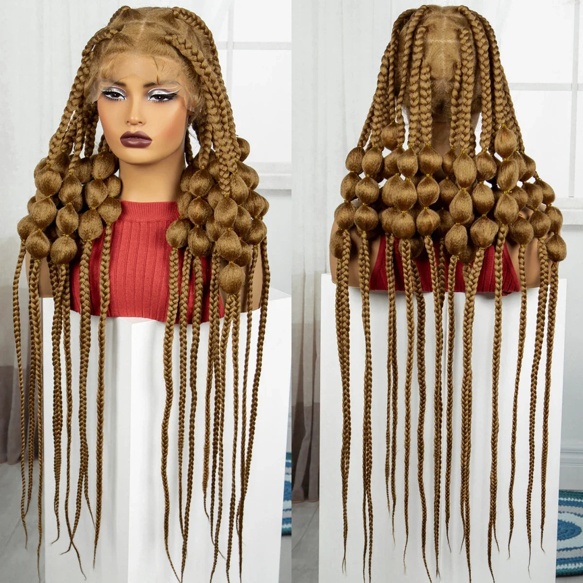 Natural 40 Inch Long Synthetic Full Lace Braided Wig | Handmade Knotless Bantu Braids Lace Wig with Baby Hair for Women
