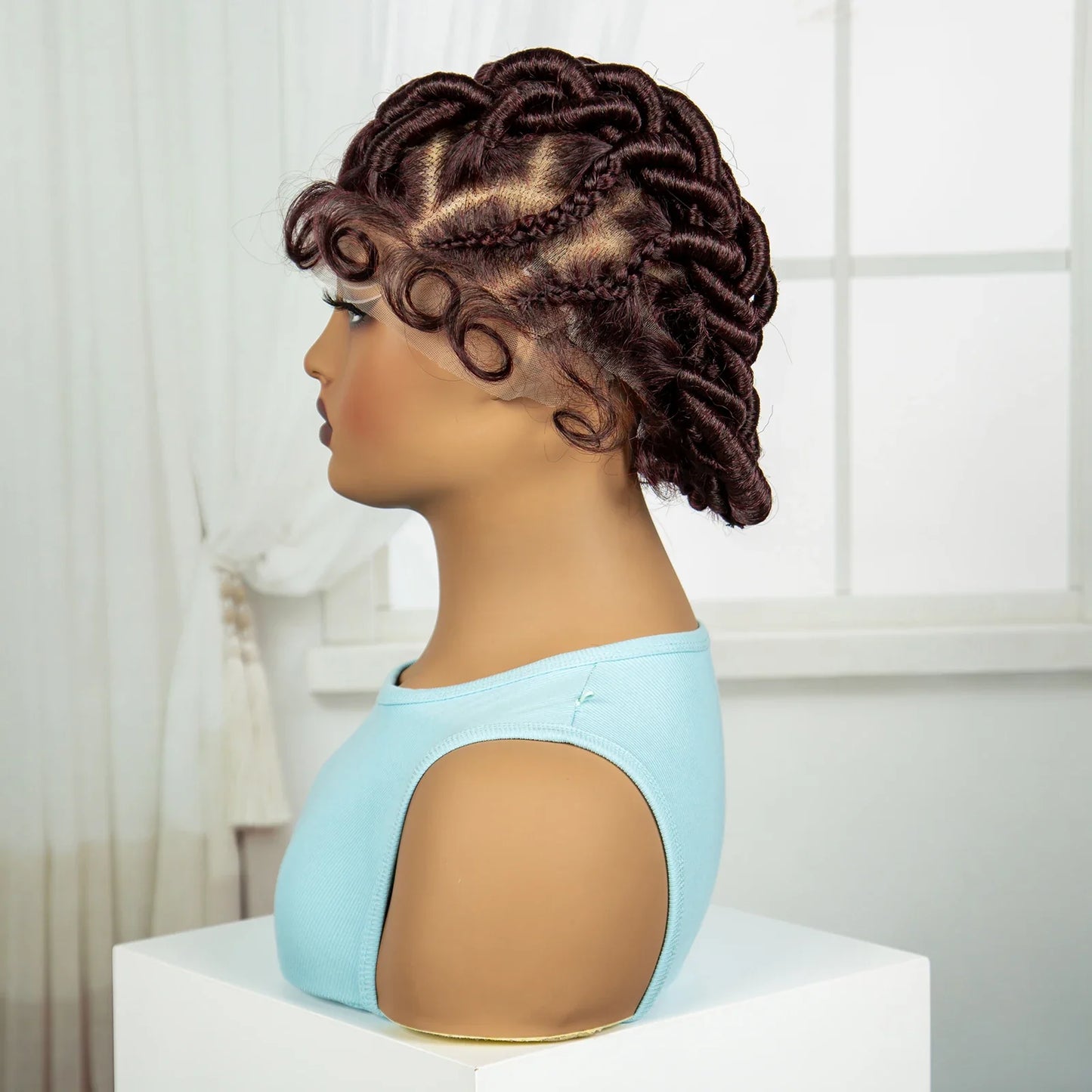 Burgundy Full Lace Synthetic Braided Wig | Knotless Box Braids & Bantu Knots | Lace Front Wig with Baby Hair for Black Women
