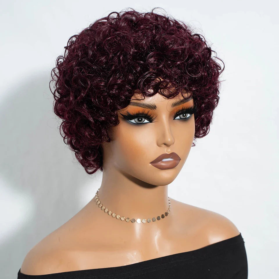 Sleek Malaysian Afro Kinky Curly Pixie Bob Wig | Glueless Natural Brown 99J with Bangs