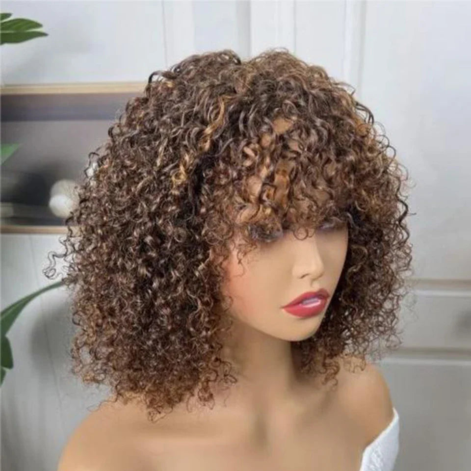 Highlight Honey Blonde Jerry Curly Bob Wig with Bangs | Non-Lace Front Human Hair