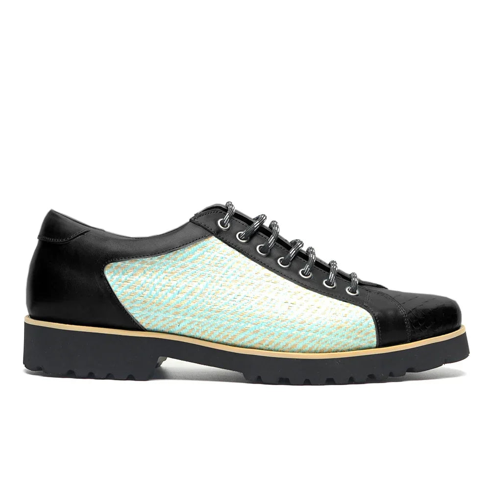 British Style Designer Men's Genuine Leather Derby Shoes | Duotone Hand-Painted Plaid Casual Sneakers (Height Increasing)