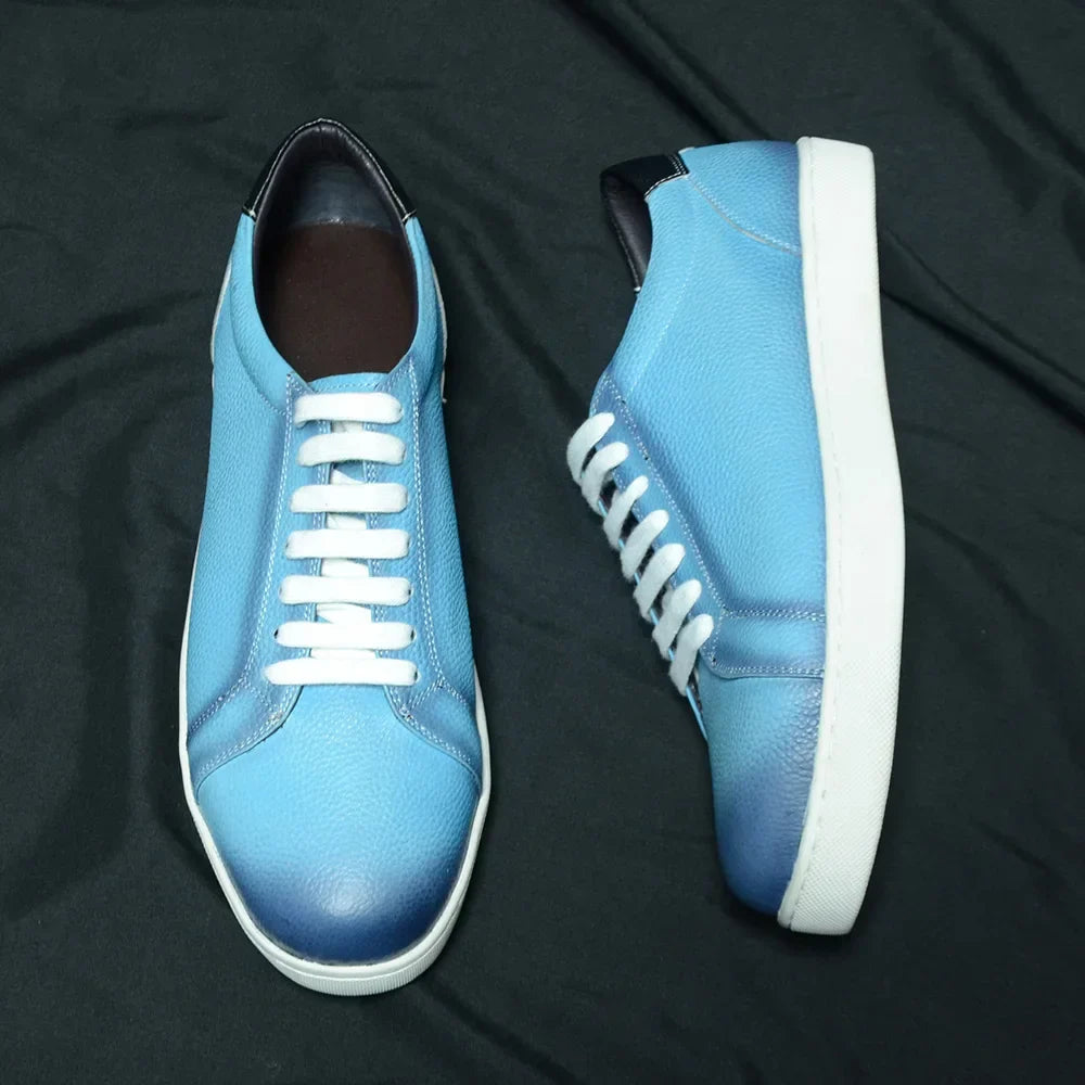 Luxury Designer Men's Genuine Leather Skateboard Shoes | Sky Blue Lace-Up Casual Sneakers (Breathable)