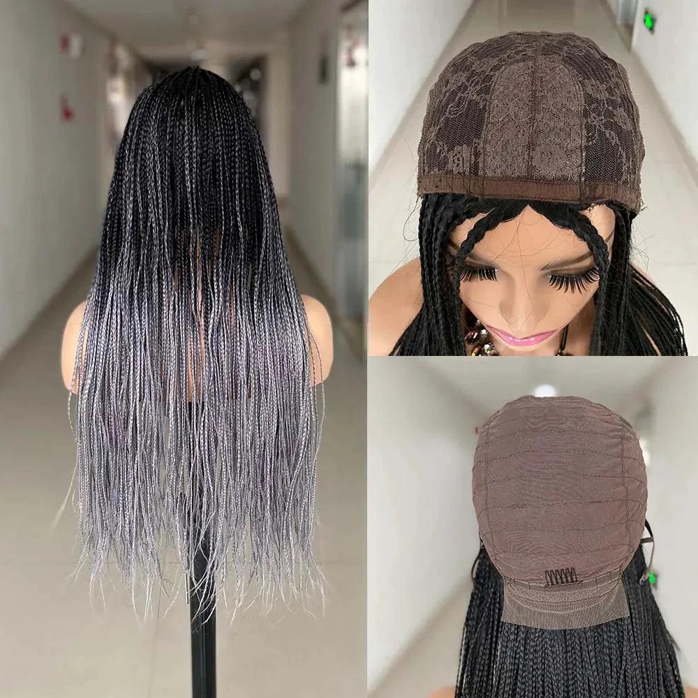 26" Ombre Box Braided Cosplay Wig | Long Straight Braids with Curly Ends | Synthetic Twist Braiding Hair