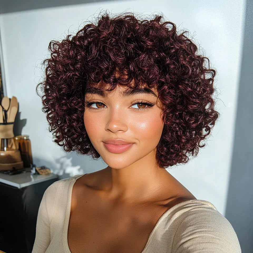 Malaysian Afro Kinky Curly Pixie Bob Wig with Bangs | Natural Brown & 99J Full Machine Made Remy Human Hair
