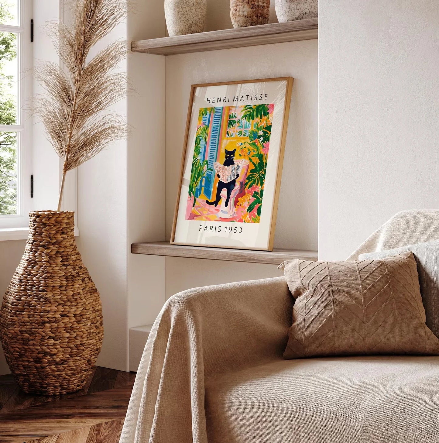 Black cat on toilet, Bathroom wall art, Matisse poster, Funny bathroom decor, Pink tropical decor