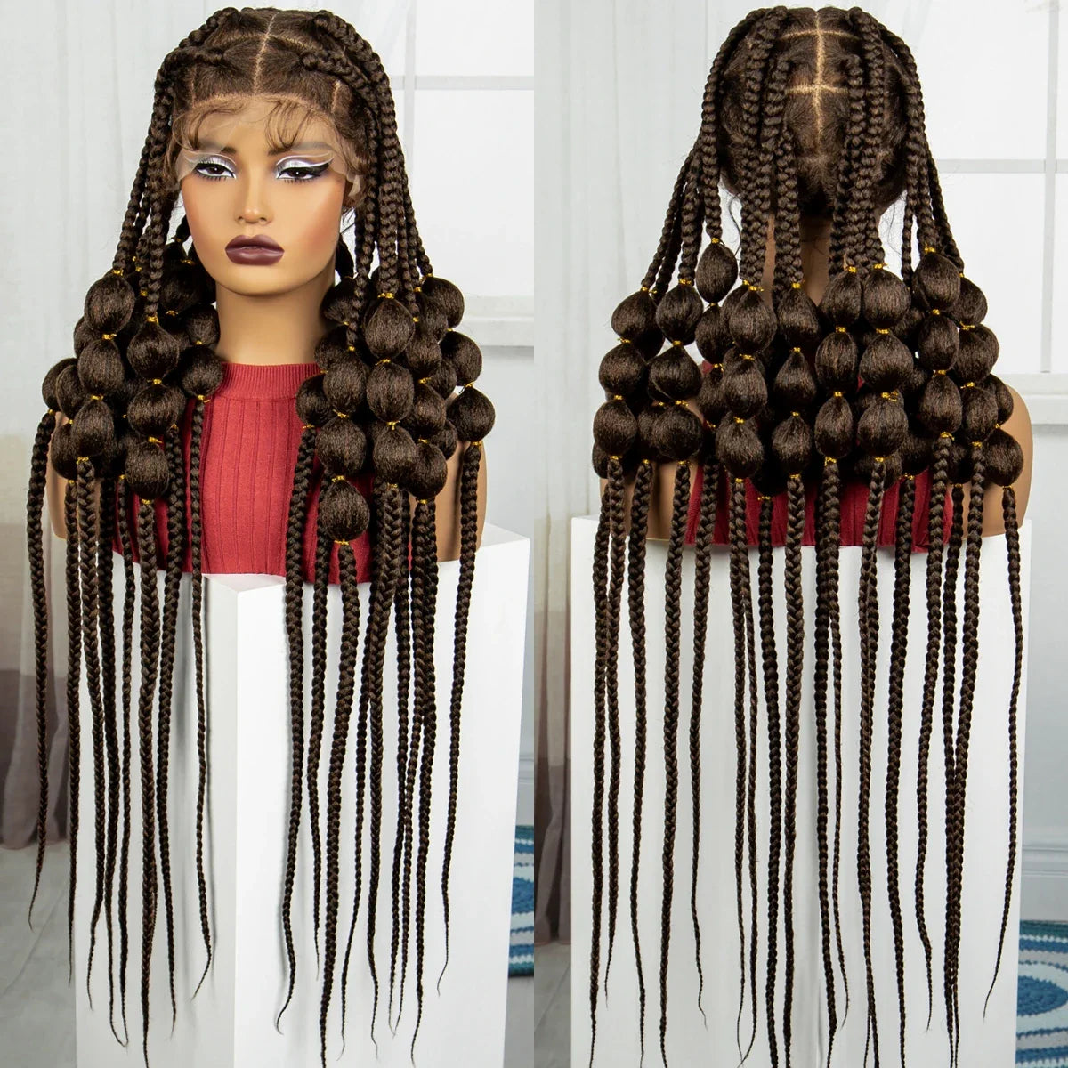 Natural 40 Inch Long Synthetic Full Lace Braided Wig | Handmade Knotless Bantu Braids Lace Wig with Baby Hair for Women