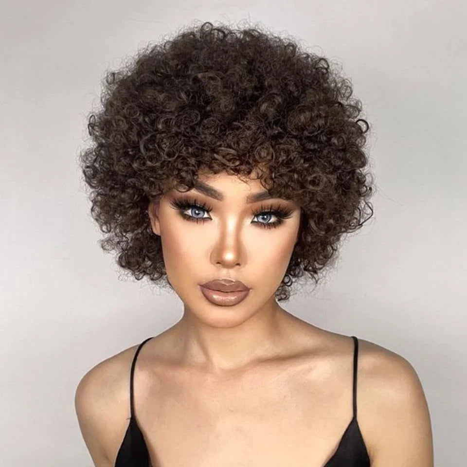 Brazilian Short Pixie Bob Afro Kinky Curly Wig with Bangs | Full Machine Made Human Hair (Natural Brown & 99J)