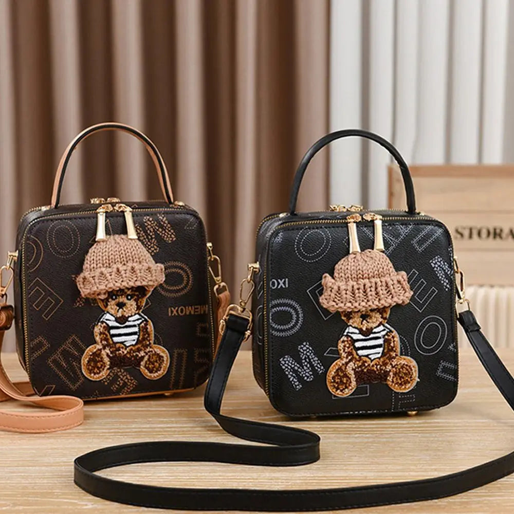 PU Leather Shoulder Bags | Fashion Simple Cute Cartoon Bear Crossbody Bag & Messenger Bag (Women's Small Square Handbags)