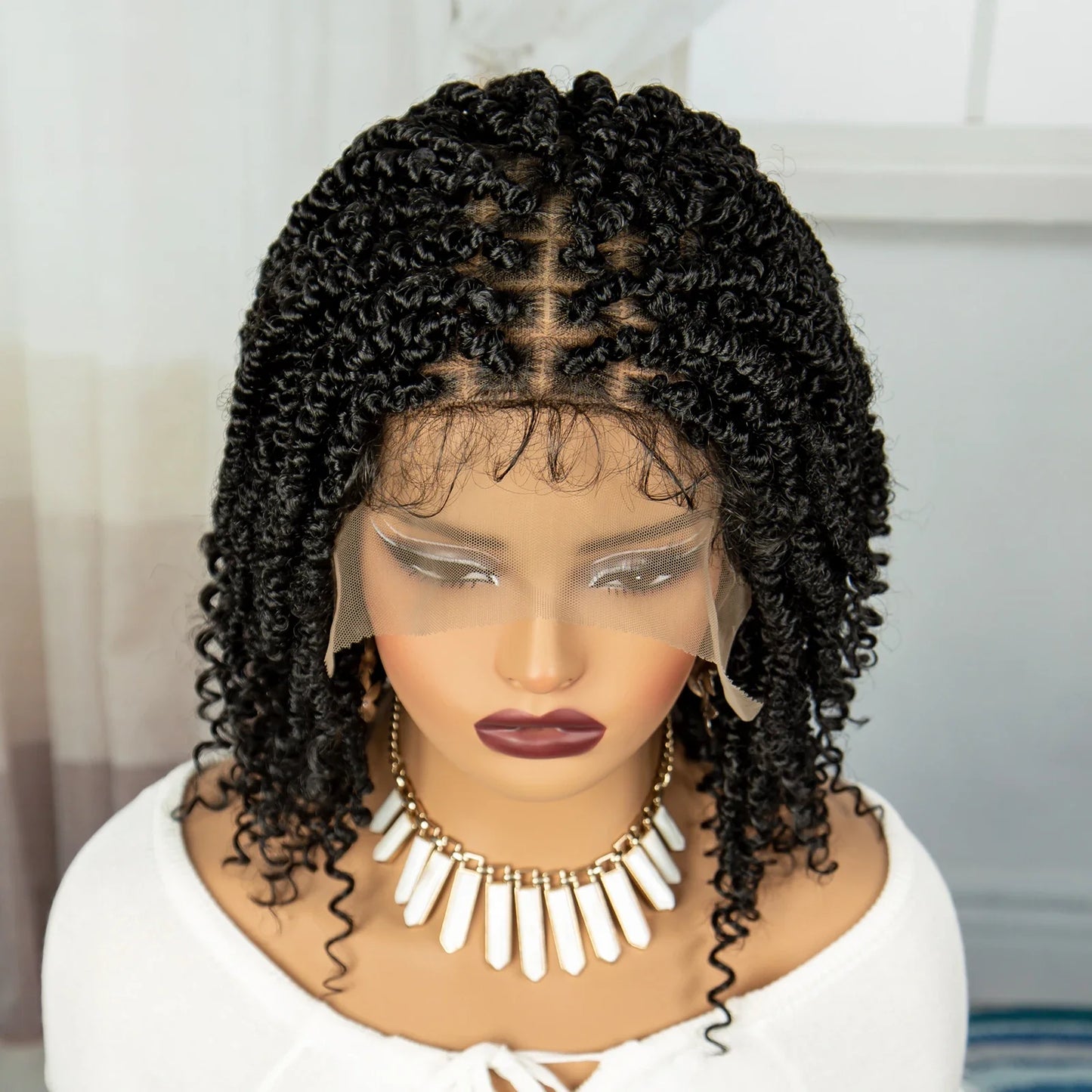 Burgundy Knotless Box Braids Bob Wig with Curly Ends | Lace Front