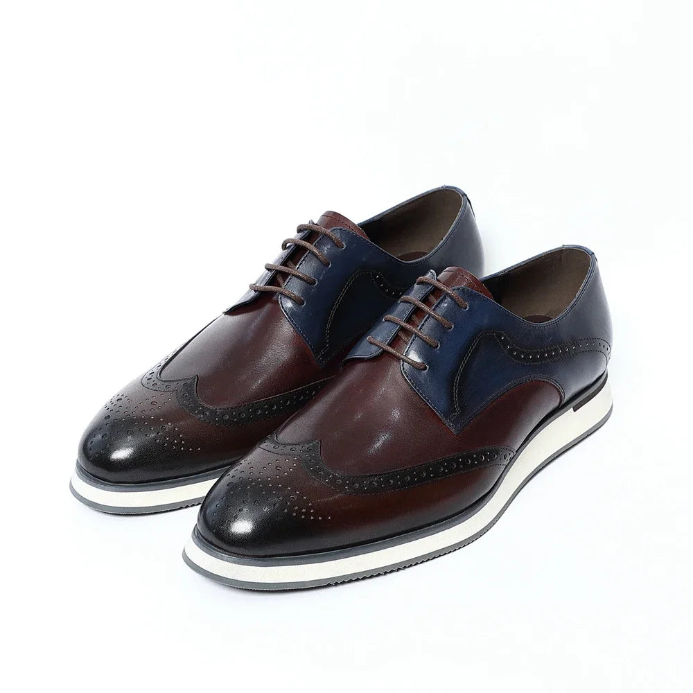 Luxury Men's Real Cow Leather Three-Color Wingtip Derby Shoes | Top Designer Original Casual Sneakers (Breathable)