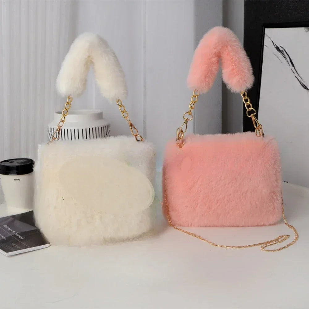 Fashion Women's Fluffy Shoulder Bag | Female Winter Chain Underarm Bag & Soft Plush Handle Handbag (Solid Color)