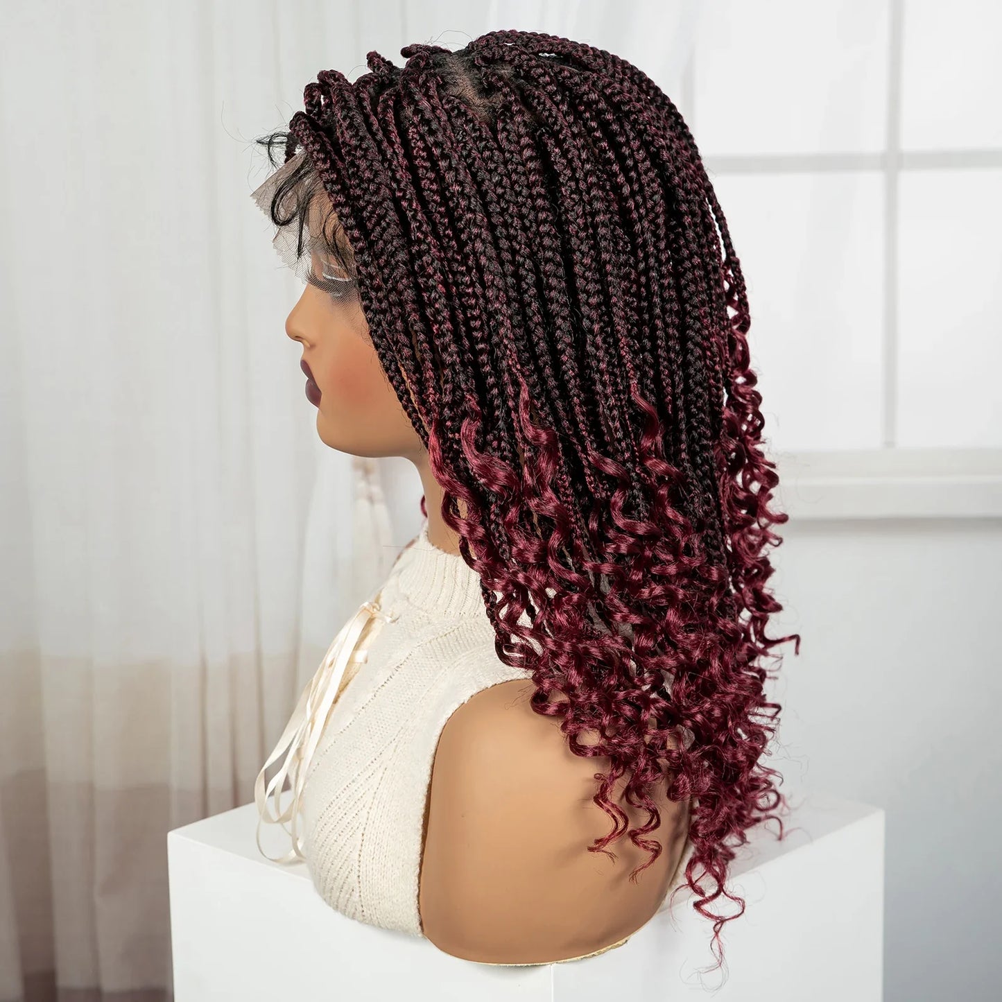 Short Ombre Boho Knotless Braids Bob Wig with Curly Ends | Full Lace