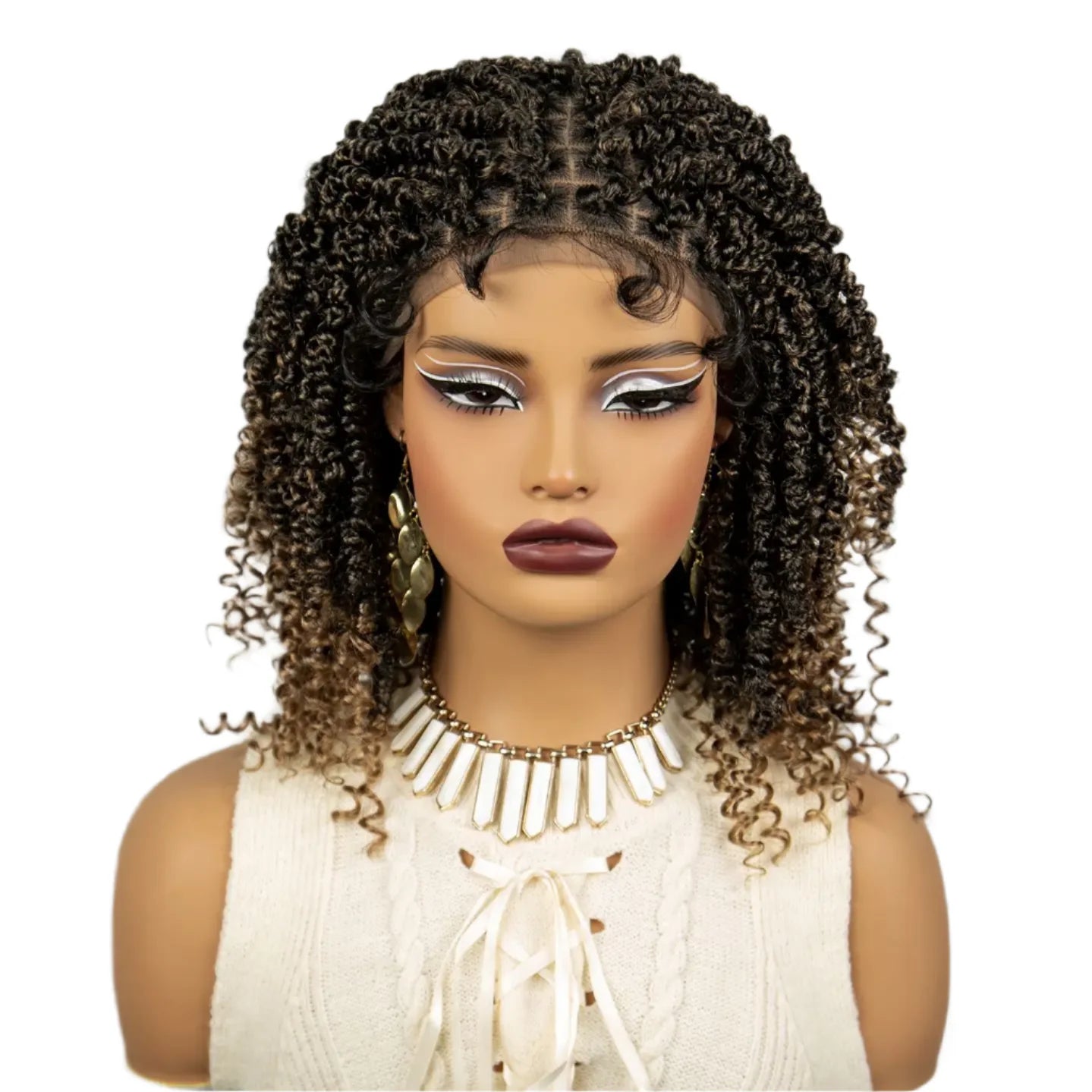 Burgundy Knotless Box Braids Bob Wig with Curly Ends | Lace Front