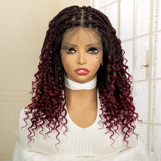 14" Burgundy Box Braids Wig | Full Lace | Kanekalon Fiber | Boho Braids | For Women