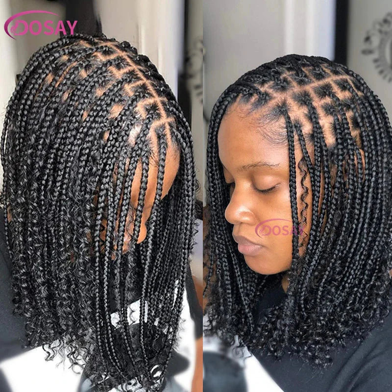 12" Curly Boho Braids Bob Wig | 360 Full Lace | Knotless Box Braids | Baby Hair