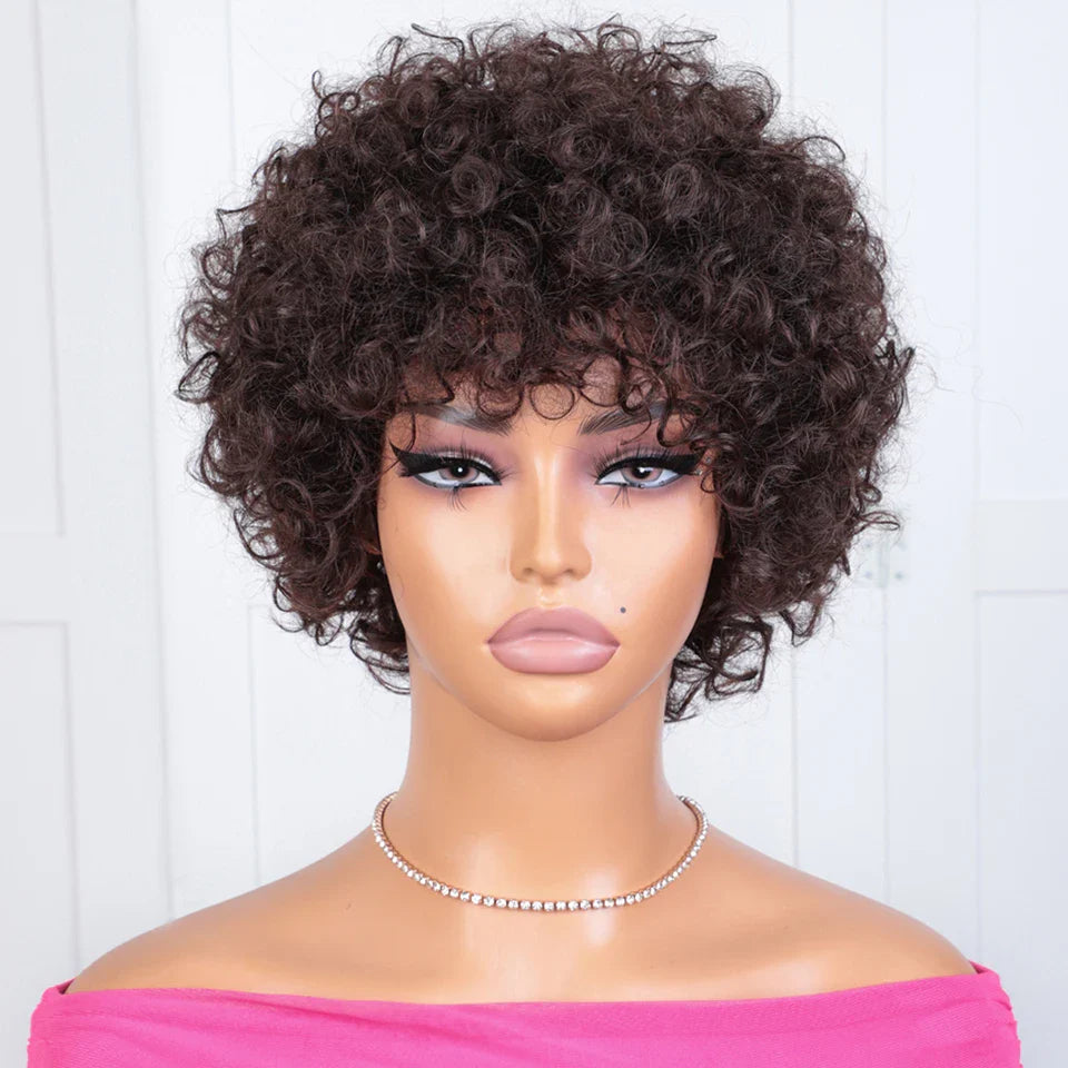 Peruvian Short Bob Pixie Afro Kinky Curly Wig with Bangs | Remy Human Hair