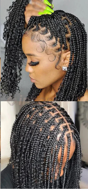 12" Short Bob Boho Braided Wig | 360 Full Lace Front | Goddess Box Braids & Curly Hair | Knotless Cornrow Wig